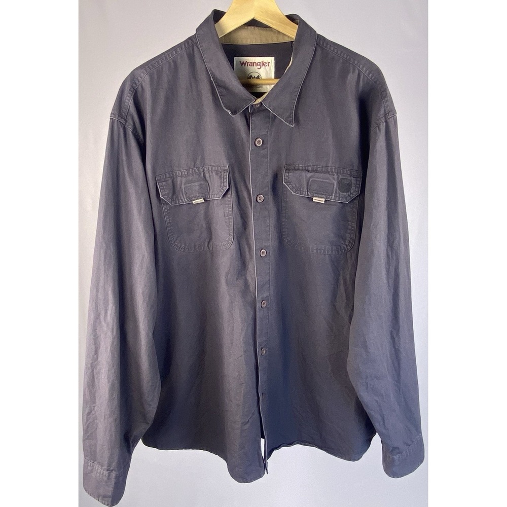 Wrangler Men XXL Gray Work Shirt Long Sleeve 100% Cotton Button Up Dual Pocket
